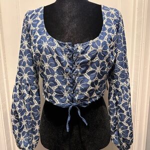 Guess Sivan Floral Embroidered balloon long sleeve boho blue crop top Sz XL